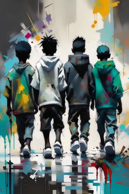 BACK VIEW 4 African boys walking togetherSpeedpaint_with_large_brush_strokes_and paint splatter by Jeremy Mann, Jeremy Mann, Pino Daeni, Alphonse Mucha, Alex Maleev and Liz Gael, oil splash, Paint Strokes, Ink Drip, paint splatter, a masterpiece, 8k resolution, trending on artstation, highly detailed intricate, black_lineart, sharp focus"