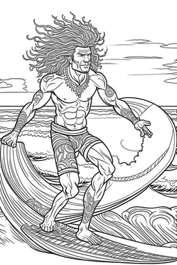 Outline art for coloring page OF A BUFF NATIVE SURFER WITH BIG CURLY KINKY HAIR WEARING SHORTS RIDING A SURFBOARD ON A WAVE, coloring page, white background, Sketch style, only use outline, clean line art, white background, no shadows, no shading, no color, clear