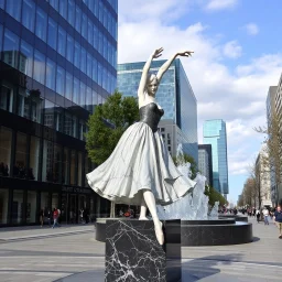 photo of a statue of ballerina made of black marbel in a modern city center
