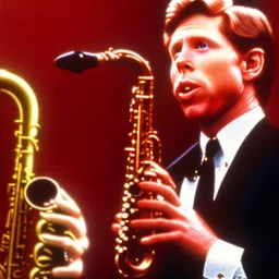 REd-haired Ron howard Is richie from happy days playing the saxophone with his "eyes closed", rock band, embouchure, looking at camera