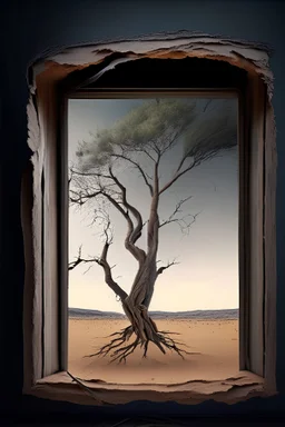 dry tree branch, Extensive deforestation, fewer trees, una ventada suspendida en la nada, a través de la qual se puede observar diferentes mundos
