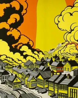 An orange colored western town engulfed in smoke painted by Roy Lichtenstein