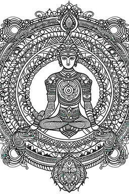 Mandala of the Warrior II Pose with Third Eye Chakra, outlined in black and white with clear, thick lines for an adult coloring book, contour, vector, clean line art, isolated on a white background