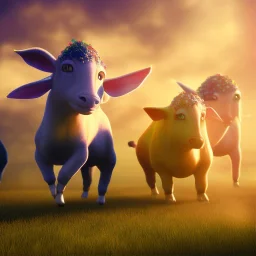 FARM ANIMALS DANCING, volumetric light high details psychedelic background