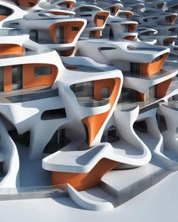 Múltiples casas pequeñas en una pendiente, estilo Zaha Hadid, calidad ultra, arte digital 3D, 8k