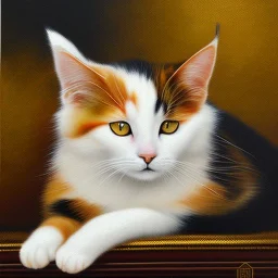 a painting of a calico cat curled up, a minimalist painting, by Miao Fu, gold and black color scheme, strong brush stroke, the cat is walking, h 1 0 2 4, lei min, unknown artist, artwork, kuang hong