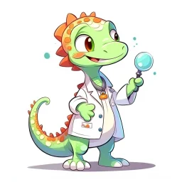 Cartoon illustration for children: Cute female dinosaurus in a white doctor's coat, holding a pincer