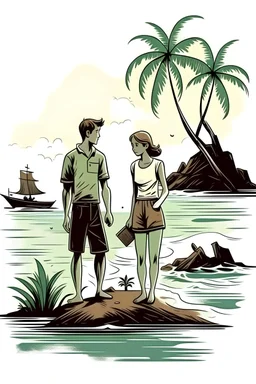 Shipwrecked young man and woman on a deserted island. In the style of an old book cover.