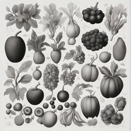 botany book page with fruits and vegetables illustration in black and white