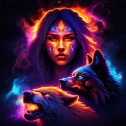 Cosmic dream face, woman, neon, abstract, amazing shadow and lightning, 4k, cinematic, glowing eyes, cosmic, face, dream, space, stars, amazing, art, glowing, fire, fantasy, crazy, ultimate, club, insane, hippie, native american, digital painting, watercolor, wolves, bears, eagles, pagan, runes