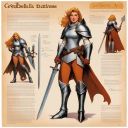 character concept sheet with ad&d statistics and characteristics, [illustration by Angus mcbride for Osprey Publishing’s] barbarella as Joan of Arc in linen battle dress with her zweihander sword in hand