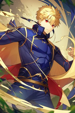 Gilgamesh from Fate Stay Night, blond hair, red eyes, male, wild look in his eyes