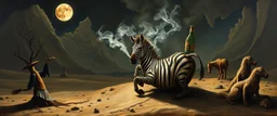 master oil painting by Rembrandt, good afternoon clay moon chill hyper zebra dream smoking trickster golem peeking out of a sand twister whirlwind cocoon, all inside a bottle