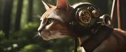 High-end state-of-the-art STEAMPUNK aesthetics flawless, Don Quixote cat with strong determined attitude, forest background, close-up shot, realistic, hard light chiaroscuro, realistic,Highest quality telescopic Zeiss Zoom lens, supreme cinematic-quality photography,walnut wood green clothes rugged, Art Nouveau-visuals,Vintage style Octane Render 3D technology,hyperrealism photography,(UHD) high-quality cinematic character render,Insanely detailed close-ups capturing beautiful complexity,8k