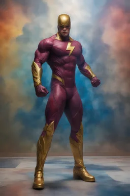 the Flash, Gold boots, extremely huge, overexaggerated muscles, posing and flexing in a front of the camera, random extreme action poses, an extremely colorful, multicolored foggy blue marble wall in the background with a colorful marble tile floor, multicolored lightning, realism engine,