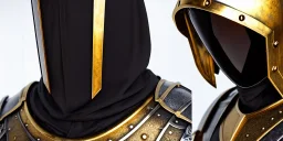 apocalypse, chaotic, magnificent, realistic, colorful, massive, epic, ray tracing, cinematic, 8k, HD, Ultra High Definition, photo film, film grain, hyper-detailed, old tarnished ornate rusty Hyper detailed Gold Gothic Medieval Knight helmet with opaque glass visor covering face and matching suit of armor, background with prison