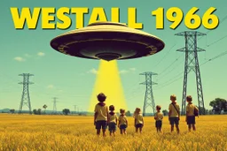 bumper sticker design, stange large flat ufo, in bold heading text "WESTALL 1966", lots of school children looking up in a field, high voltage powerlines and gumtree's in distance, mysterious summer vibe, bold