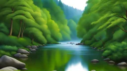 A peaceful scene of a river flowing through a lush, green forest. The water is calm, and the surrounding trees and bushes create a picturesque, natural environmen.