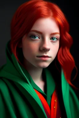 A girl with red hair and green eyes and she is wearing a Hogwarts robe