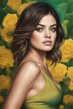 the Yellow Brick Road - head and shoulders portrait, Photorealistic, hyperrealism, Dazzling, Complex, dramatic, bold, attractive Lucy Hale, perfect, Athletic, toned body with tanned skin, perfectly formed body, Emerald City, extremely detailed, lipstick, eyeshadow, eyeliner, mascara, rouge