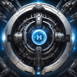 create me a large, centered letter H encased in a thin round, ornate black and chrome ring. metallic,silver accents can be used. mechanical futuristic space cyberpunk style. extra electrical and pneumatic details, robot arms, laserguns. think dyson sphere, warp core, plasma couplings, the side of a spaceship. blue lights. background should be black. make the H big.