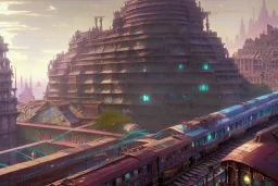 close up train+Elevated train+hanging garden of babylon corner building+Italian colourful sea village +alphonse mucha, greg rutkowski,matte painting, cryengine, hyper detailed, felix kelly, fantasy art, seb mckinnon