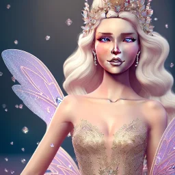 fantasy fairy with transparent wings, smiling, make up, tatoo, elven crown, long platinum blond hair, pink dress, octane render