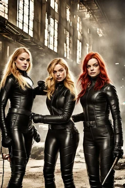 Katherine McNamara, Margot Robbie and Georgia Henshaw wearing tight leather catsuits, fighting bad guys.