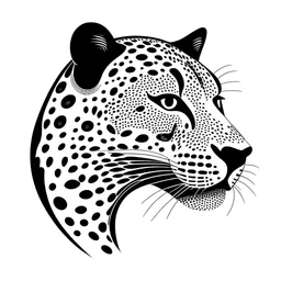jaguar face, made with circle shapes, only black lines, deformed, white background, simple, hyper minimal, artistic, side view, blending