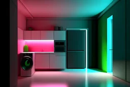 modern minimalistic utility room, hyperrealistic 16k, 3d rendering, expressively detailed, dynamic light, neon lighting