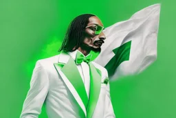 Snoop Dogg in a white tux, green flag with white star