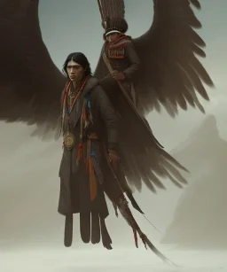 shaman, male native american, long black hair, black hooded coat like wings, 8k resolution concept art portrait by Greg Rutkowski