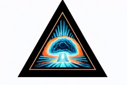 a nuclear explosion cloud, behind an orange glowing omega like shape, all inside an equilateral triangle like a doorway to a different world, radiant lines, digital painting