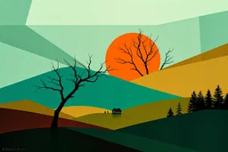 create a high-resolution abstract landscape with translucent geometric shapes, vibrant orange sun, silhouetted bare tree, deep teals and earthy greens, evergreens and small distant house, rich modernist style, print-ready detail --ar 2:3 --v 7 --style raw --quality 2 --hd --style artistic