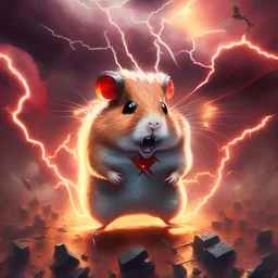 A red Hardstyle hamster in hell with lightnings, electric power and dust