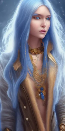 human kingfisher girl with long straight blue hair and orange strand of hair wearing a blue winter coat and a gold necklace