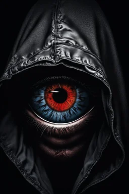 The image vividly captures a close-up of a human eye with the reflection of a hooded figure holding a knife. Dramatic, volumetric lighting on the face, scary, the scene is filled with tension, emphasizing the sharp contrast between fear and evil. The detailed reflection of the hooded killer figure in the tearful eye conveys a deep sense of impending fateful encounter and a tense, terrifying, thriller atmosphere.