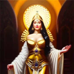 Ultra detailed fullbody Portrait in oil on canvas of beautiful busty female Saint Seya with gold armor, extremely detailed digital painting, extremely detailed face,crystal clear Big Glowing eyes, mystical colors ,perfectly centered image, perfect composition, rim light, beautiful lighting, 8k, stunning scene, raytracing, anatomically correct, in the style of robert e howard and Ken Kelley and Ohrai Noriyoshi and Simon Bisley and tomzj1