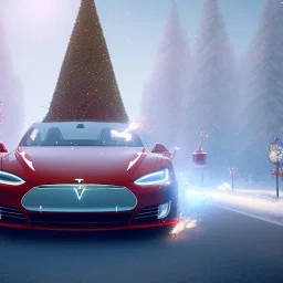 Santa claus driving his red Tesla convertible car, character design by cory loftis, fenghua zhong, ryohei hase, ismail inceoglu and ruan jia. unreal engine 5, artistic lighting, highly detailed, photorealistic, fantasy