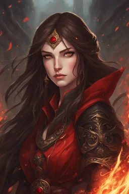 A confident looking young woman with pale skin and long brown hair in a fantasy setting with intricate details. She is wearing black and red, has red eyes, an air of malevolent power surrounds her. She is a fire mage. Anime style. High definition, Greg Rutkowski