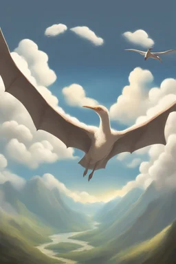 The creation of the world by God. In front of us is a valley with a beautiful landscape, where beautiful animals roam, pterodactyls fly in the sky, beautiful clouds and God in the clouds