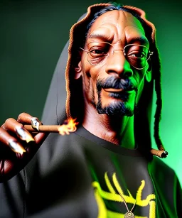 Snoop Dogg, burning cigar with dollars, jungle background, hyper realistic