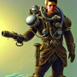 90's male retro scifi art of a steampunk diver with big armor