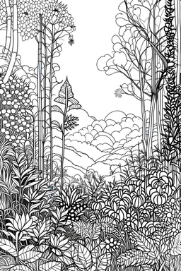 background sketch style use only outline Misty forest with ferns and wildflowers, bathed in early morning light, coloring page for adults, contour, vector, clean line art, white background, detailed, black and white, in the style of kalamkari design