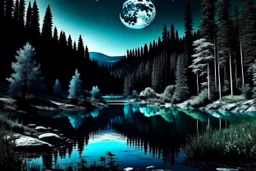 black, blue and white colors, fullmoon, pond, mountain, forest