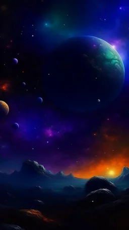 A dark purple galaxy with planets and asteroids painted by George Inness
