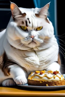 Portrait of a white fat cat eating chocolate cheescake.