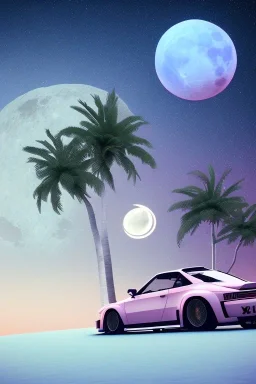 1980's aesthetic vaporwave palm trees with lunar eclipse with lighting with shiny chrome porsche in the winter snkw