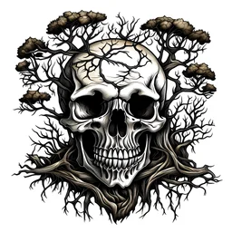 tattoo design of an evil skull with a dead tree through it and root out the bottom missing the bottom jaw