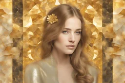 pool mosaic, 3D mirror pieces, beautiful composition, holographic marble pieces, brunette female, dessert shop, flowers, ethereal in sunshine, shading pastel and charcoal golden and ochre, golden glitter, , golden patina, corrosion